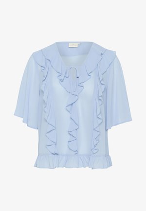 Heledad sinine pluus pehmest kangast, millel on volangid kaela ja varrukate ääres ning gathered volangiga äär.