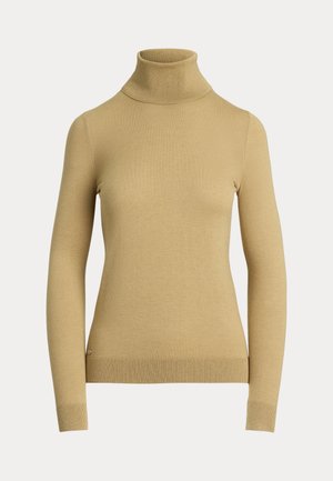 Rollkragenpullover in hellbeige, aus einem glatten, weichen Strickmaterial gefertigt. Mit langen Ärmeln und einer figurbetonten Silhouette, versehen mit einem gerippten Saum.