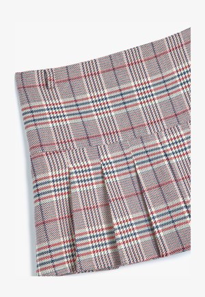 Gewebter Karorock in Creme, Rot und Marineblau. Verfügt über Falten und einen strukturierten Stoff mit einem durchgängigen karierten Muster.