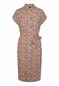 Abito camicia floreale con colletto, maniche corte e vita con cintura. Presenta uno sfondo crema con motivi floreali rossi e verdi.
