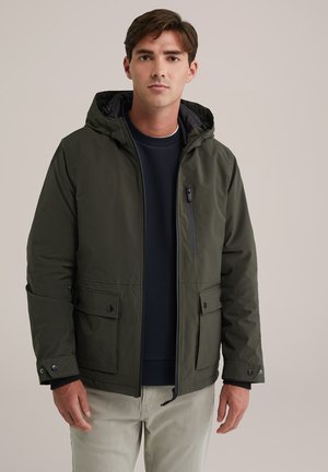 Olive green hooded jacket made of water-resistant material, featuring zip and button closures, two front pockets, and a textured inner lining.