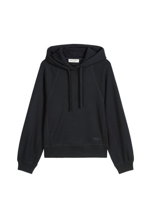 Czarna krótka bluza z kapturem z sznurkiem, prążkowanymi mankietami i dolnym wykończeniem. Wykonana z miękkiego materiału, posiada metkę w dolnym lewym rogu. Gładka faktura.