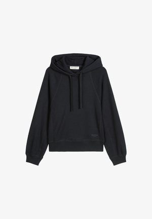 Czarna krótka bluza z kapturem z sznurkiem, prążkowanymi mankietami i dolnym wykończeniem. Wykonana z miękkiego materiału, posiada metkę w dolnym lewym rogu. Gładka faktura.