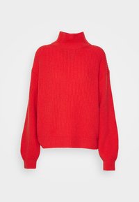 Pull rouge côtelé avec un col haut et des manches longues volumineuses, coupe ample et motif tricoté texturé.