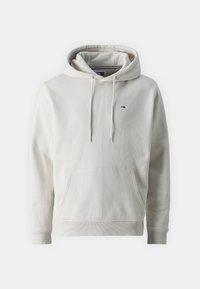 Huvtröja i off-white, tillverkad av mjukt tyg, med en framficka i känguru-stil och en liten logotyp på bröstet.