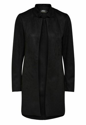 Long manteau noir en suède, sans col, à l'ouverture frontale, avec des manches longues et une texture lisse. Idéal pour superposer.