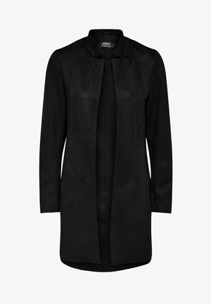 Sort, ruskind lang jakke med kravefri design, åben front, lange ærmer og en glat tekstur. Ideel til lagdeling.