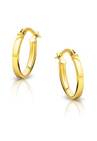 Zlaté kruhové náušnice s lesklým povrchom, v kruhovom tvare a bezpečným zapínaním. Hladká textúra s jednoduchým, moderným dizajnom.