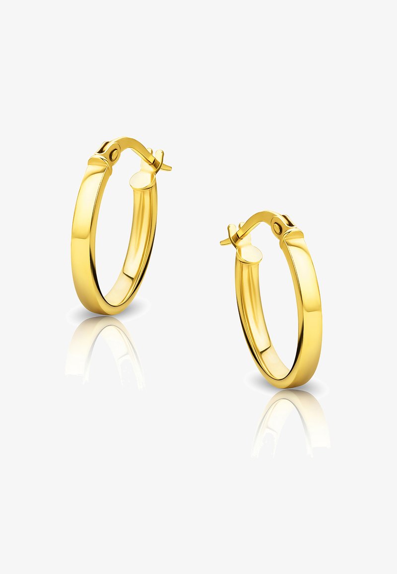 Zlaté kruhové náušnice s lesklým povrchom, v kruhovom tvare a bezpečným zapínaním. Hladká textúra s jednoduchým, moderným dizajnom.