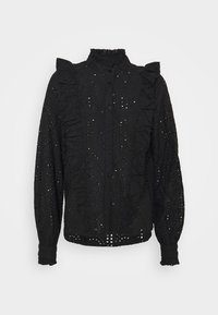 Blouse noire à manches longues avec motifs en dentelle eyelet, détails à volants sur le devant et les épaules, fermeture boutonnée sur le devant et col montant à volants.
