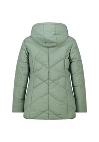 Gewatteerde winterjas in lichtgroen, met een capuchon en een chevron-quiltpatroon. Gladde textuur met een rechte pasvorm en lange mouwen.