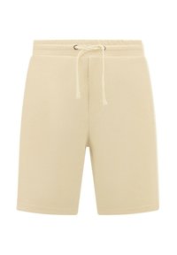 Beige shorts gemaakt van zacht materiaal, met een elastische tailleband en een aantrekkoord, twee zijzakken en een ontspannen pasvorm.