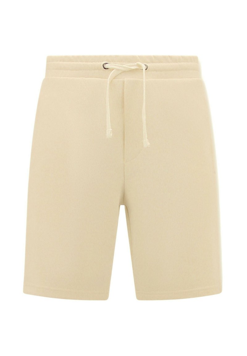 Beige shorts gemaakt van zacht materiaal, met een elastische tailleband en een aantrekkoord, twee zijzakken en een ontspannen pasvorm.