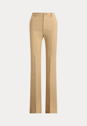 Pantalon beige à jambe droite avec fermeture à boutons à l'avant et passants pour ceinture, fabriqué en tissu lisse.