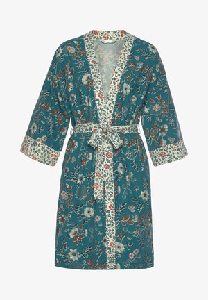 Floral kimono robe in teal with three-quarter sleeves, featuring a contrasting white trim and a matching belt. Soft fabric texture.