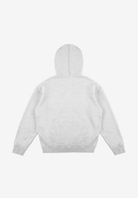 Szary hoodie z kapturem na sznurku, pokazany z tyłu. Posiada prosty design z ryżowymi mankietami i dołem.