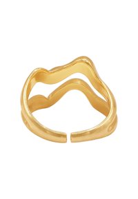 Gouden ring met een golvend ontwerp met twee overlappende banden, een gladde textuur en een open einde zonder zichtbare sluiting of sluitmechanisme.