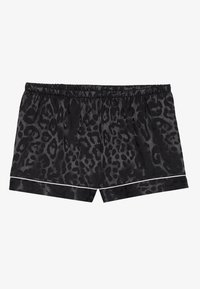 Shorts en imprimé léopard noir avec une taille élastique, texture lisse, et bordures blanches le long de l'ourlet. Présentation à plat.