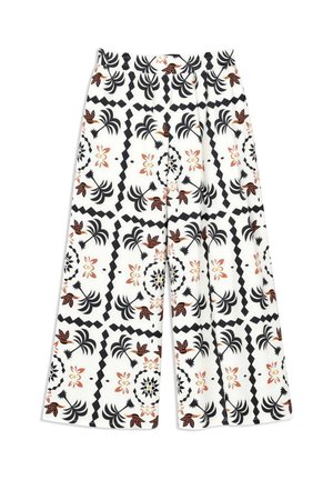 Wide-leg white pants with high waist, printed with black geometric patterns, brown birds, and beige flowers.