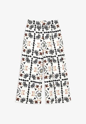 Wide-leg white pants with high waist, printed with black geometric patterns, brown birds, and beige flowers.