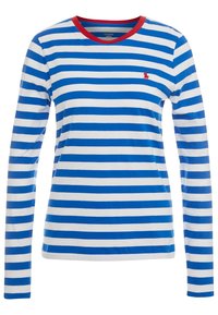 Blå- och vitrandig långärmad skjorta med röd krage och en liten r öd emblem på bröstet. Tillverkad av mjukt bomullsmaterial.