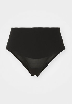 Zwarte bikinionderbroek met hoge taille, gemaakt van gladde stof, met een naadloos ontwerp en minimalistische stijl. Geen zichtbare accenten of patronen.