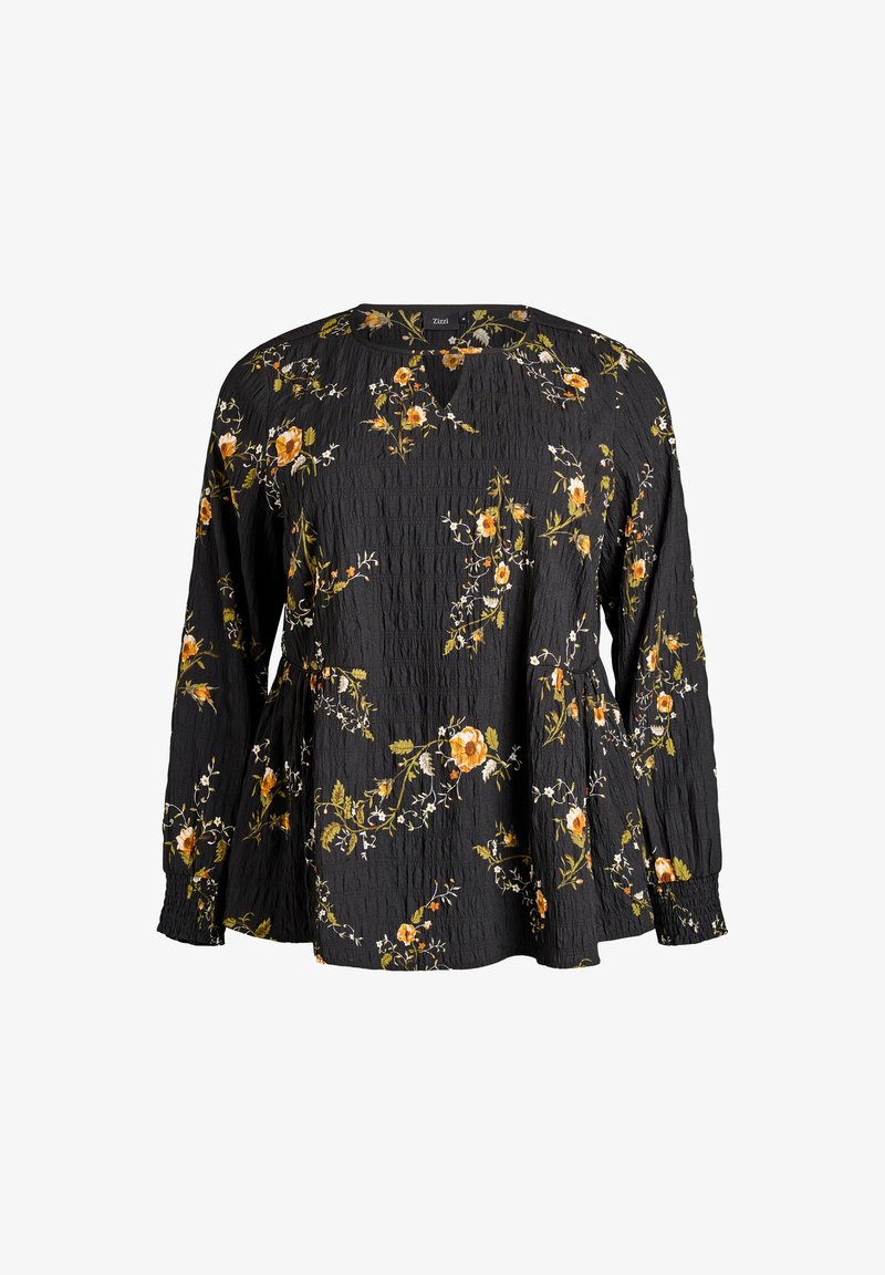Schwarze Bluse mit langen Ärmeln und kleinem floralem Muster in Orange, Gelb und Weiß, mit Rundhalsausschnitt und gerafftem Taillendetail.