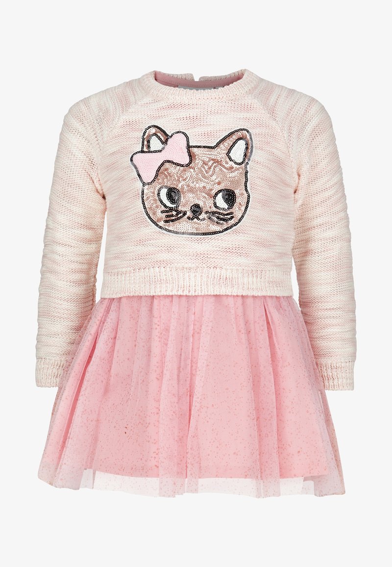 Lichtroze gebreide trui met een sprankelende kattengezicht ontwerp en strik, gecombineerd met een fluffy roze tule rok met subtiele glitteraccenten.