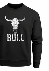 Black sweatshirt featuring a white bull skull graphic with textured detailing and the word "BULL" in bold, distressed font below.