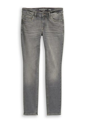 Jean gris à coupe slim, avec cinq poches, un léger délavage et des coutures contrastantes. Fabriqué en denim à la texture lisse.