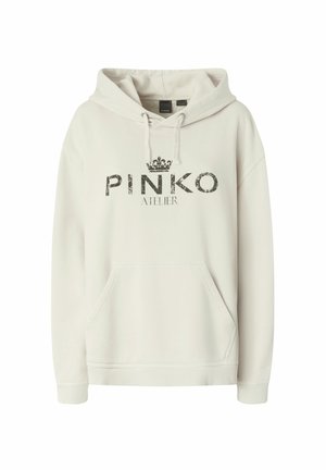 Felpa grigia chiara realizzata in morbido tessuto, con tasca frontale, caratterizzata da un logo nero prominente "PINKO ATELIER" e un motivo a corona.