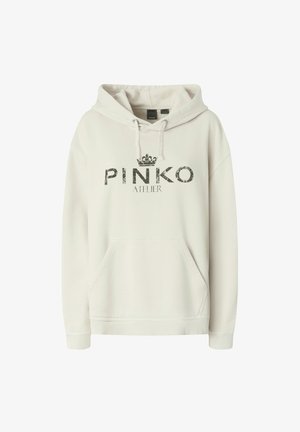 Felpa grigia chiara realizzata in morbido tessuto, con tasca frontale, caratterizzata da un logo nero prominente "PINKO ATELIER" e un motivo a corona.