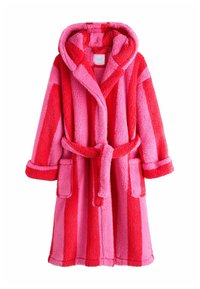 Fleece bathrobe featuring horizontal stripes in varying shades of red and pink, with a hood, belt, and front pockets.