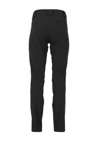 Zwarte broek met een getailleerd ontwerp, gemaakt van rekbaar materiaal. Heeft een soepele textuur, een tailleband en een ritszak op de achterzak.