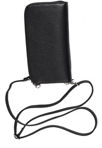 Black leather wallet with a textured finish, featuring a zip closure and an adjustable crossbody strap. Compact rectangular shape.