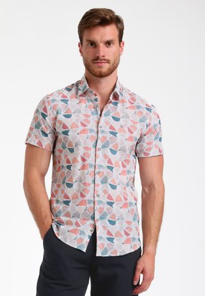 Short-sleeve shirt featuring a multicolored geometric pattern (red, blue, white) with a button-up design and textured fabric.