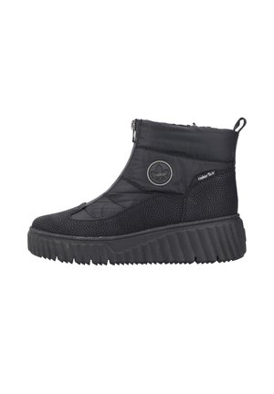 Black ankle boot with a textured upper, featuring a zip closure, cushioned sole, and logo detail. Round toe and lightweight design.