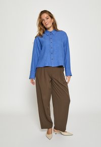 Blå skjorte med knaplukning og lange ærmer, parret med brune plisse-bukser med bred ben og beige spidse sko. Glatte teksturer og afslappet pasform.