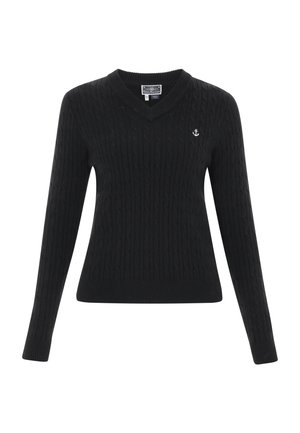 Black cable-knit sweater with a V-neck, ribbed hem, and long sleeves. Features a small embroidered anchor logo on the left chest.