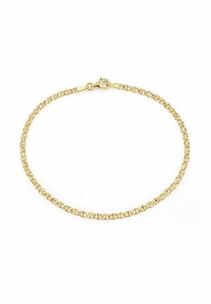 Pulsera fina de cadena de oro con eslabones entrelazados y cierre de langosta sobre un fondo blanco.