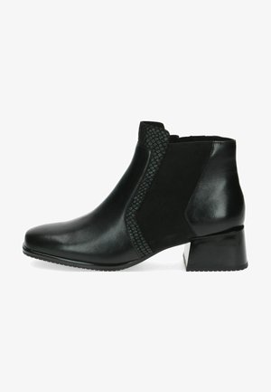 Schwarze Leder-Ankle-Boots mit einer quadratischen Zehenform, strukturiertem Seitenpanel, niedrigem Blockabsatz und glatter Oberfläche. Geeignet für verschiedene Anlässe.