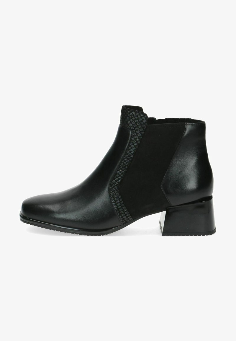 Black leather ankle boot with a square toe, textured side panel, low block heel, and smooth surface. Suitable for various occasions.