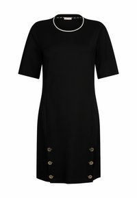 Abito nero con maniche corte, scollatura tonda caratterizzato da rifiniture bianche e bottoni decorativi dorati lungo il lato sinistro. Tessuto dalla texture liscia.