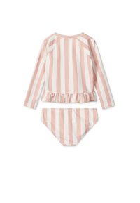 Set da bagno a righe composto da un top a maniche lunghe con bordo a volant in rosa e bianco e un bikini coordinato, realizzato in tessuto elastico per il nuoto.