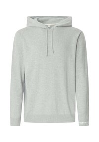 Felpa grigia con cappuccio, tessuto morbido, maniche lunghe, polsini e orlo a coste, con coulisse sul cappuccio e logo discreto sulla manica.