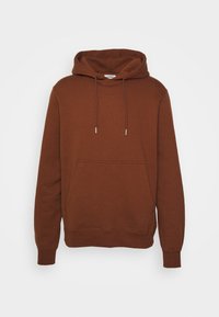 Sweat à capuche marron en tissu doux, doté d'une poche avant, de cordons de serrage ajustables et d'un ourlet côtelé. Design simple et épuré.