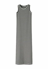 Robe maxi rayée en tissu côtelé noir et blanc ; design sans manches avec un col rond, tombant jusqu'aux chevilles.