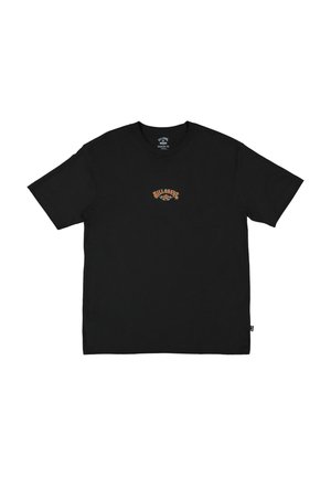 Schwarzes Baumwoll-T-Shirt mit kurzen Ärmeln. Verfügt über ein zentral gesticktes Logo in Orange und Weiß. Einfaches Rundhals-Design.