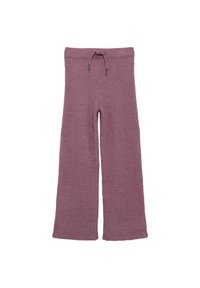 Fleeceloungebroeken in mauve met een taillekoord, brede pijpen, textuurstof en afgewerkte zoom.