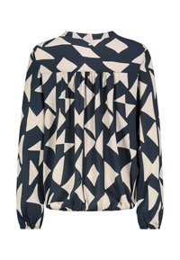 Langärmlige Bluse in Marineblau mit cremefarbenem geometrischem Muster. Mit gerafftem Rücken, rundem Ausschnitt und elastischem Saum sowie Bündchen. Glatte Stoffqualität.